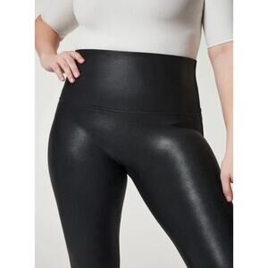SPANX Faux Leather Leggings, Black Coated Nylon Blend High-Waist Shapewear Pants